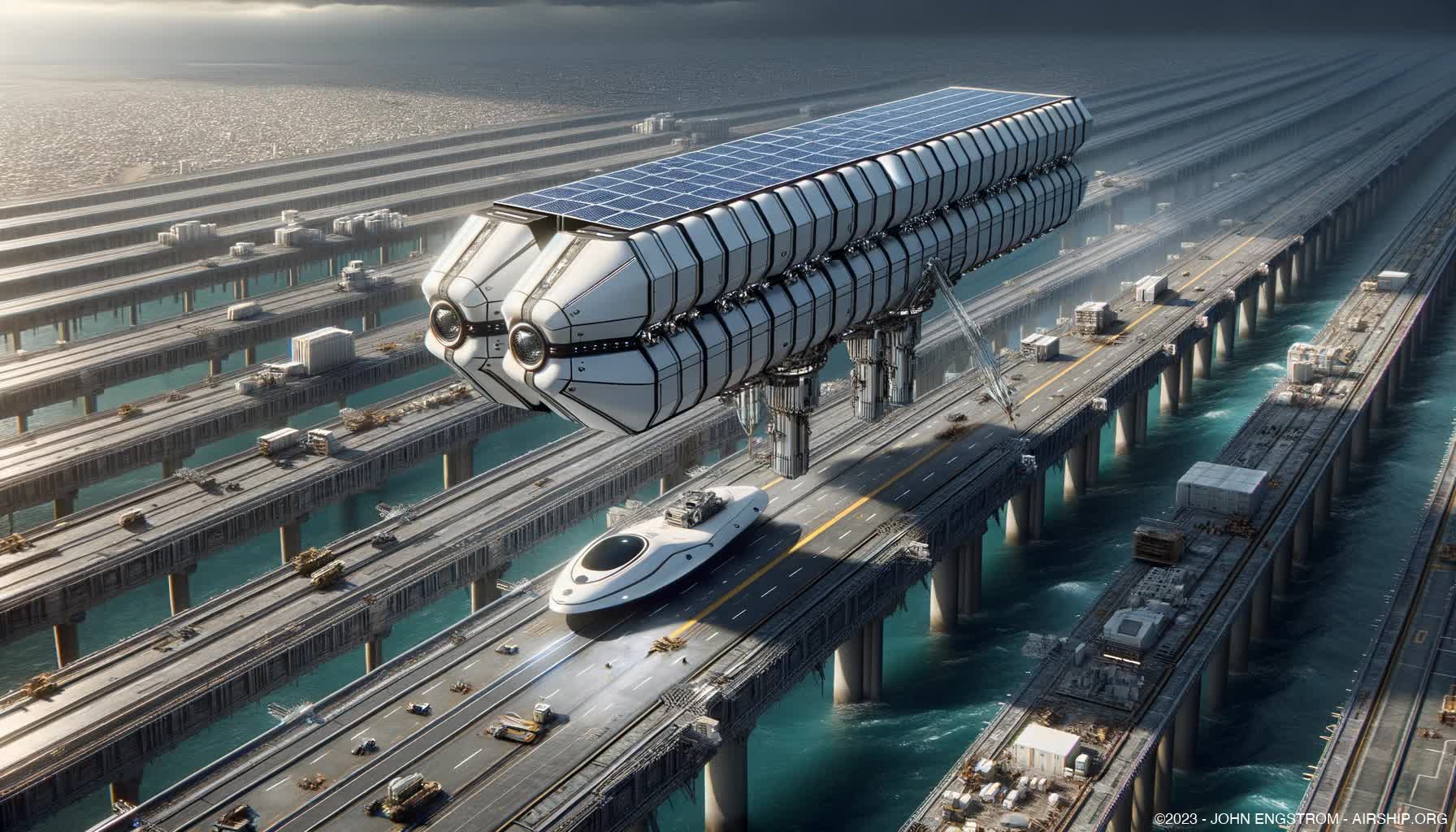 Airship Assembled Ocean Linear City Construction -  Concept Art and Systems Visualization