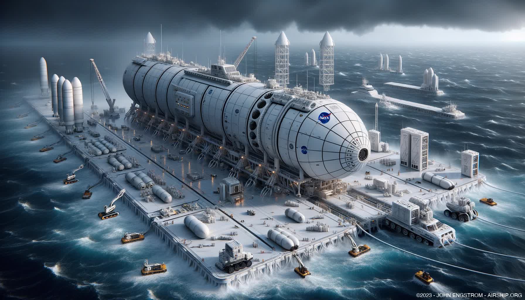 Airship Assembled Spacecraft Facility Sea Platform -  Concept Art and Systems Visualization