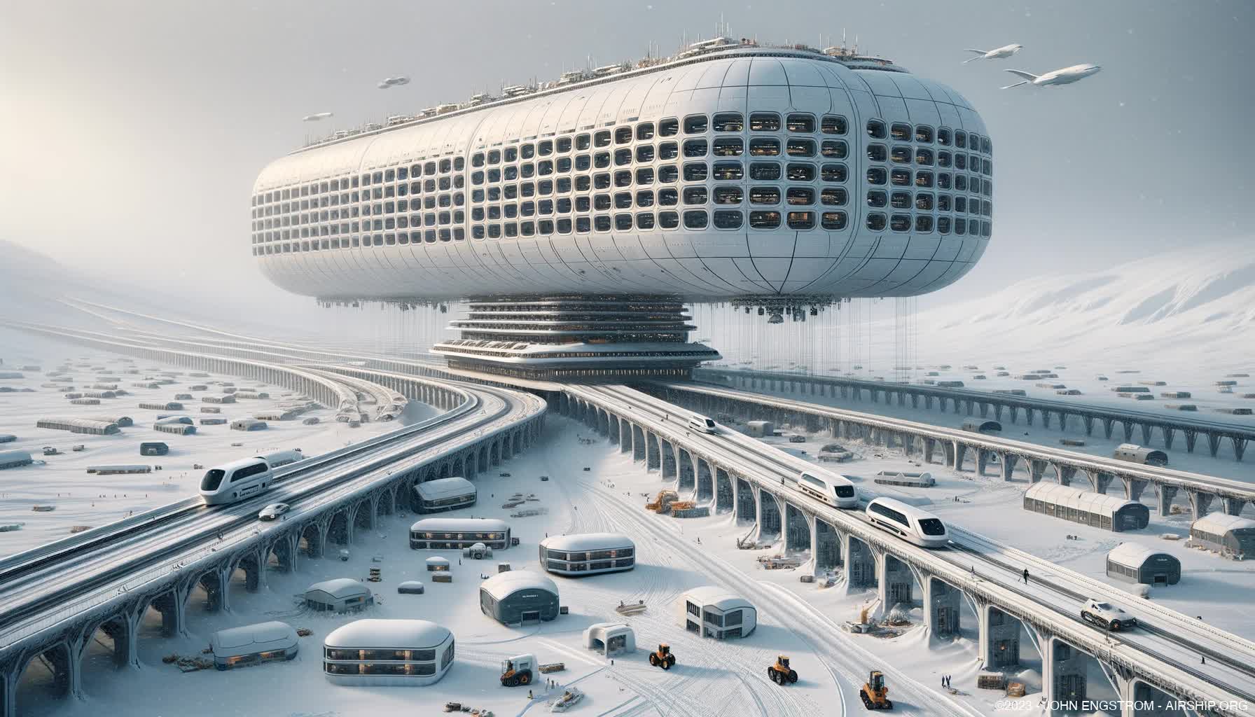 Arctic Linear City Airship Operations -  Concept Art and Systems Visualization